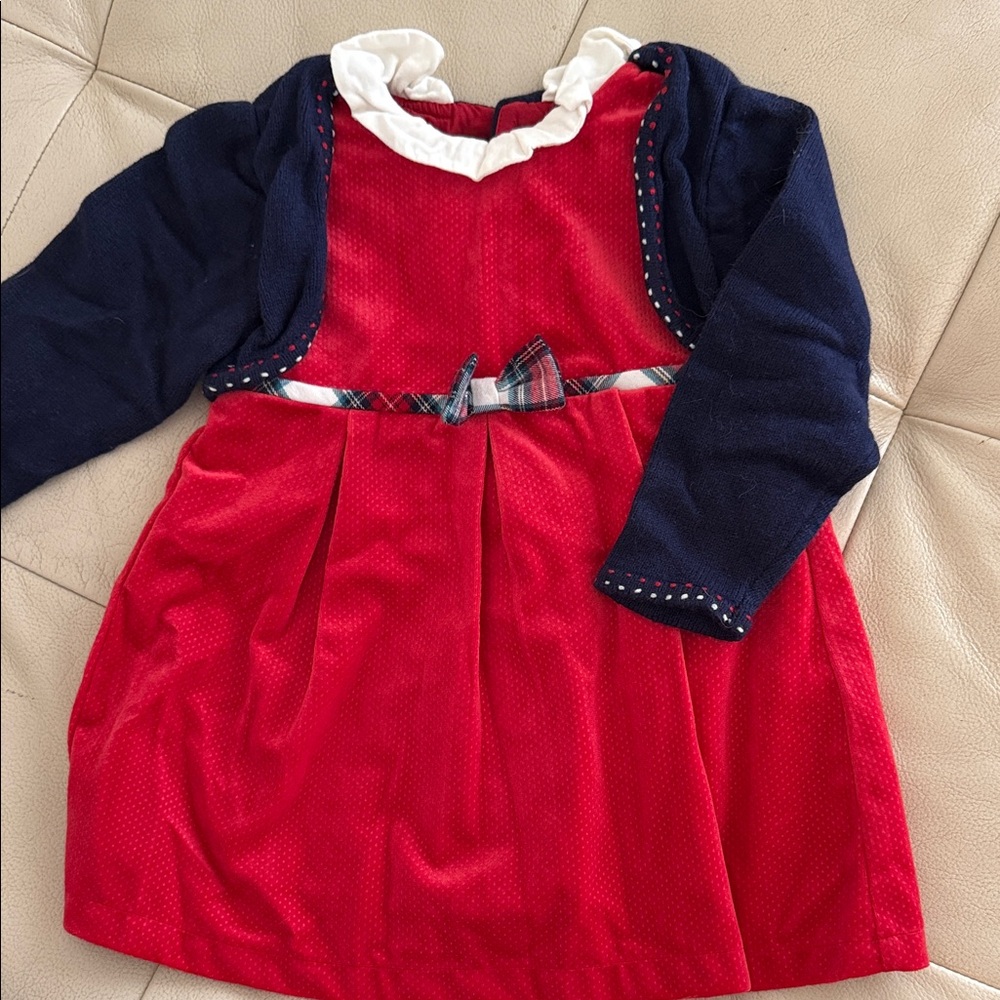 Mayoral Red Velvet Dress with Navy Bolero and Plaid Bow (Never Worn, one piece)
